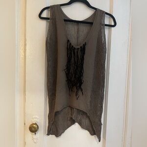 Just Cavalli Mesh Crochet Sweater Tank with Suede Fringe Detail.